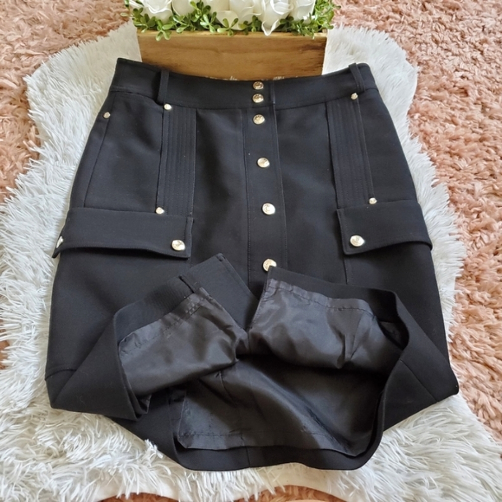 MCM Black Pencil Skirt with Gold Buttons; missing one grommet for snap